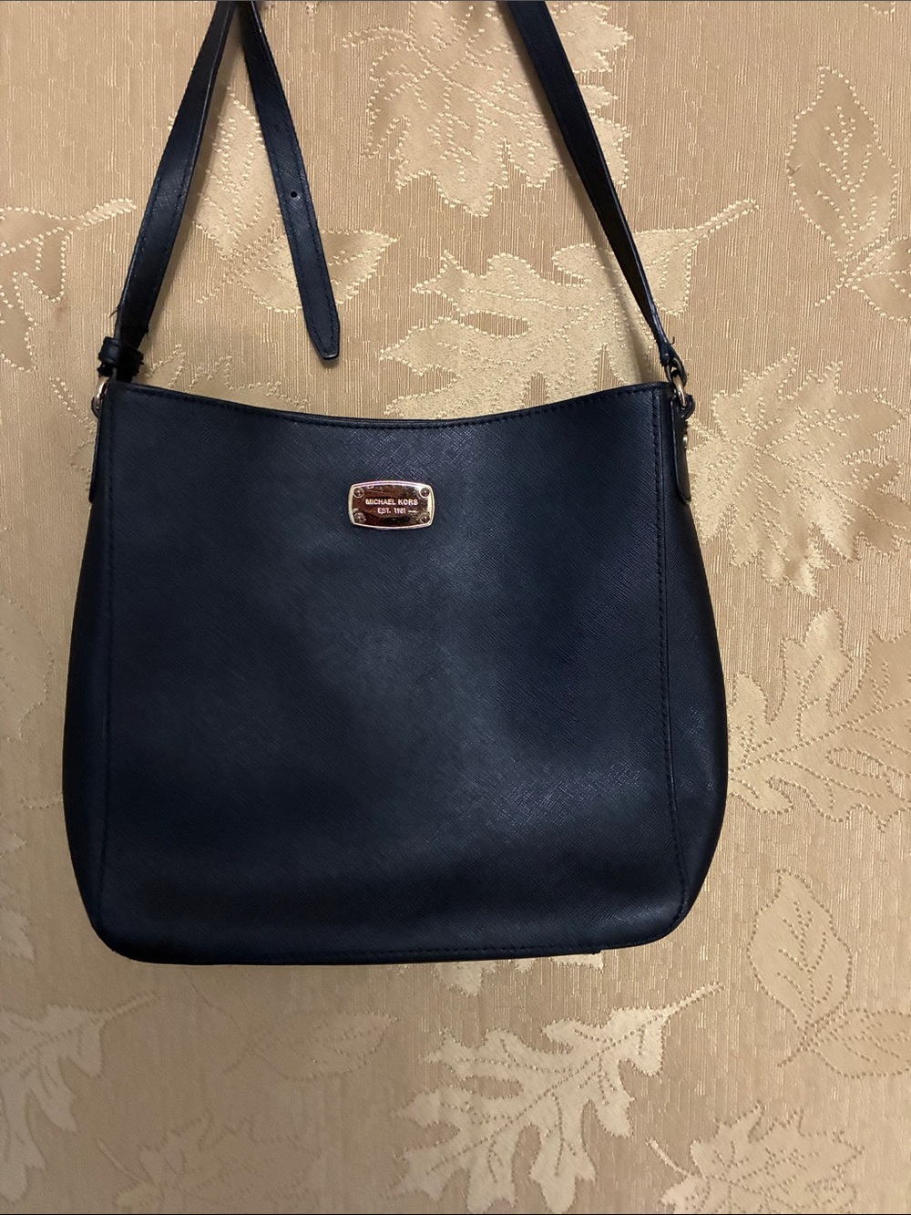 Michael Kors Navy Saffiano Leather Shoulder Bag with Gold Plaque